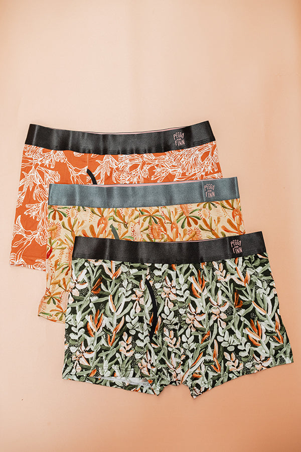 Three-pack of men's bamboo underwear in autumn-inspired prints including Kangaroo Paw, Grass Tree, and Protea designs