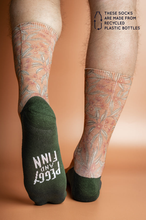 Sustainable socks made from recycled materials, adorned with a warm terracotta background and delicate pink and green Flowering Gum motifs