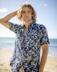 Men's short sleeve shirt with a print of Australian native flora in navy and white