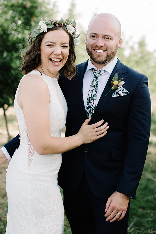 Stylish steel blue tie crafted from cotton, adorned with Australian native gum tree flowers, perfect for weddings and special events