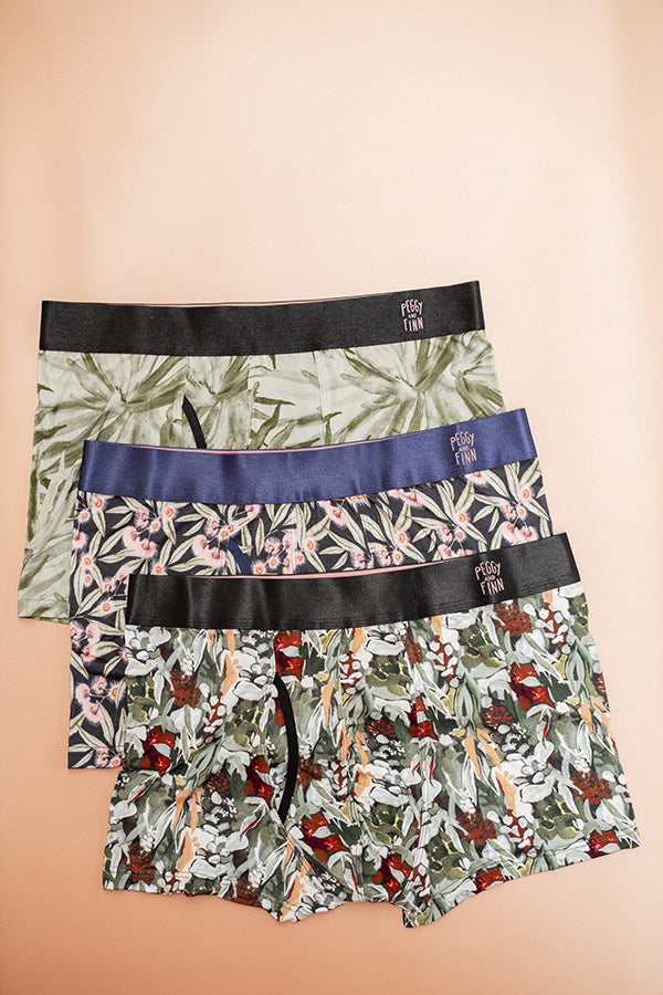 Men's three-pack bamboo underwear featuring vibrant florals in Spotted Gum, Flowering Gum and Fan Palm Sage prints