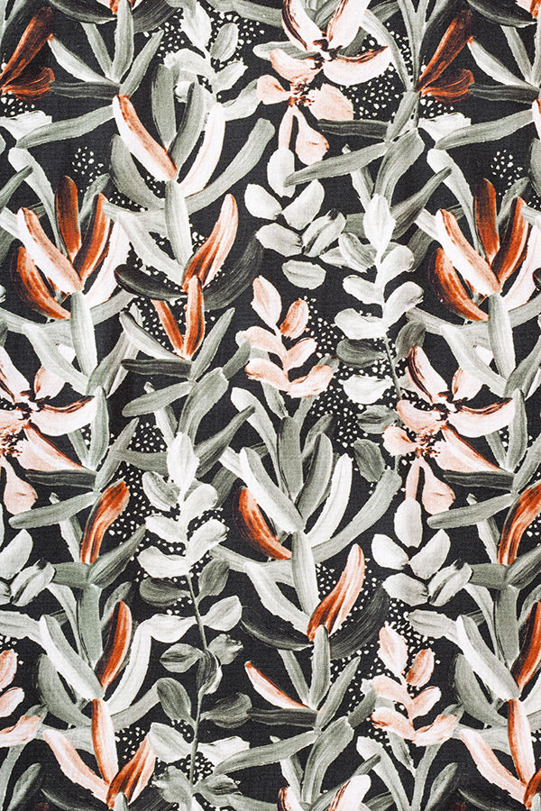 Intricate protea floral print in green, featuring detailed petals and foliage that capture the essence and beauty of this stunning flowe