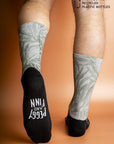 Sustainable socks in sage green, featuring a detailed Fan Palm design inspired by the Australian Licuala ramsayi palm, ideal for eco-conscious fashion